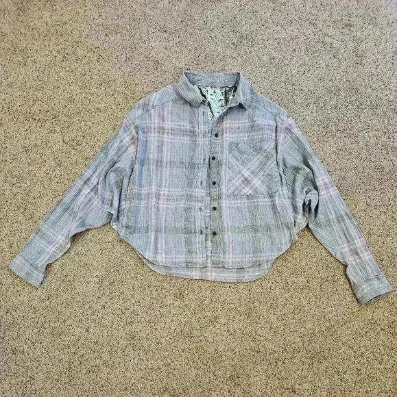Free People Cropped Plaid Button-down Shirt w/ Batwing Sleeve, Size Medium - Picture 1 of 7
